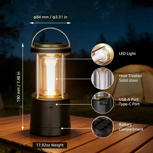 Vista 8 de Lepro Linterna LED recargable de 2000 lúmenes, luz impermeable para tienda de campaña con 5 modos de luz, esenciales para camping, linterna portátil
