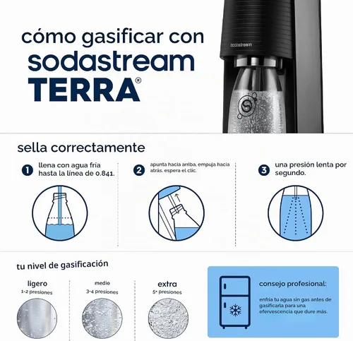 Vista 4 de SodaStream Terra - Paquete para hacer agua con gas en color negro, incluye 3 unidades de CO2 y botella de carbonatación