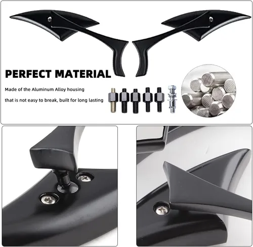Vista 4 de Espejos de motocicleta en forma de murciélago negro, espejos retrovisores de motocicleta actualizados compatibles con Harley Road King, Sportster