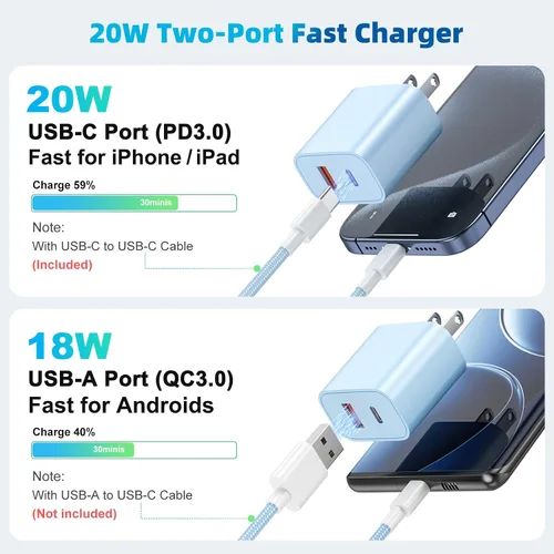 Vista 11 de Para iPhone 17 16 15 Cargador de carga rápida, paquete de 4 unidades de doble puerto de 20 W USB C Charger Block with 6FT USB-C to C Cable Type C