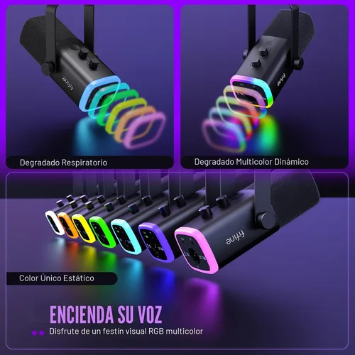 Vista 5 de FIFINE - Juego de micrófono XLR/USB para juegos, micrófono dinámico para PC para transmisión y podcast, kit de micrófono RGB para computadora