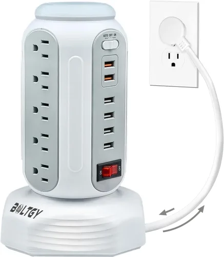 Vista 9 de Estación de carga rápida total de enchufe plano, protector con 15 salidas de CA y 6 puertos USB (2 de carga rápida), regleta de alimentación
