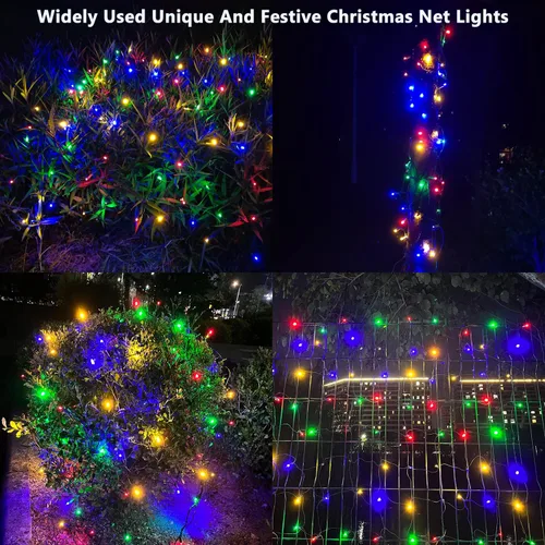 Vista 2 de HISHINY Red de luces LED de Navidad para exteriores, 5 x 5 pies, 100 luces LED de cable verde, conectables para interiores y exteriores, cadena