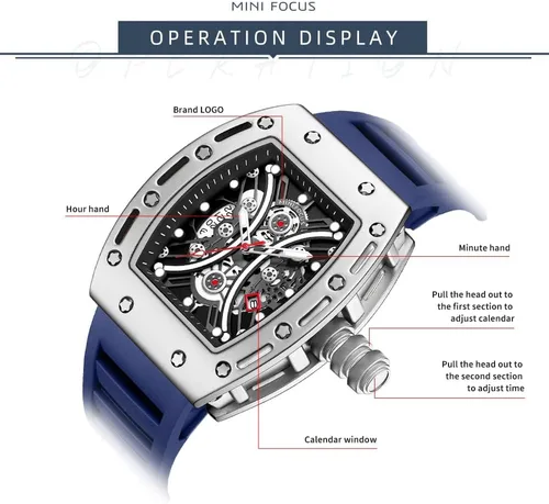 Vista 5 de Mini Focus Unique Men Watch Tonneau Casual Wrist Watch (HollowWaterproofSuper LuminousCalendar) Soft Silicon Band Fashion Cool Watch for Men