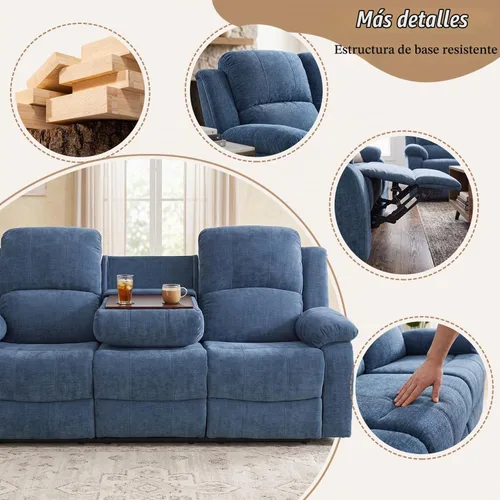 Vista 7 de Juego de sofá reclinable de 2 piezas, sofá reclinable de tela y sofá biplaza para sala de estar, sofá reclinable azul para sala de estar, oficina