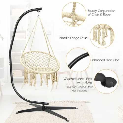 Vista 3 de Giantex Hamaca Swing Silla con soporte, cuerda de algodón tejida a mano con soporte de acero sólido resistente C, hamaca colgante al aire libre