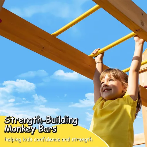 Vista 3 de SUNIBOXI Juegos de columpios de madera para patio trasero, juego de parque infantil al aire libre con barras de mono, tobogán ondulado, 2 columpios