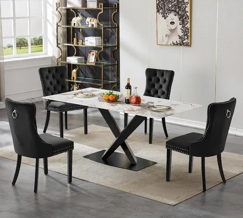 Vista 76 de Juego de 5 mesas de comedor, juego de mesa de cocina y comedor para 4, mesa de cocina rectangular de mármol sintético blanco de 47 pulgadas con base