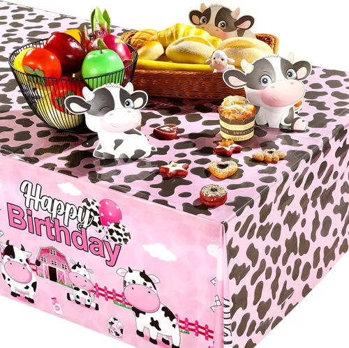 Vista 6 de Tiamon 3 manteles de plástico de 108 x 54 pulgadas para fiesta de cumpleaños de vaca, funda de mesa con estampado de vaca rosa, manteles de animales