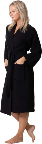 Vista 2 de Turkish Linen Bata tipo kimono ligera de punto gofre, para spa y baño, para mujer, de secado rápido, suaves Negro
