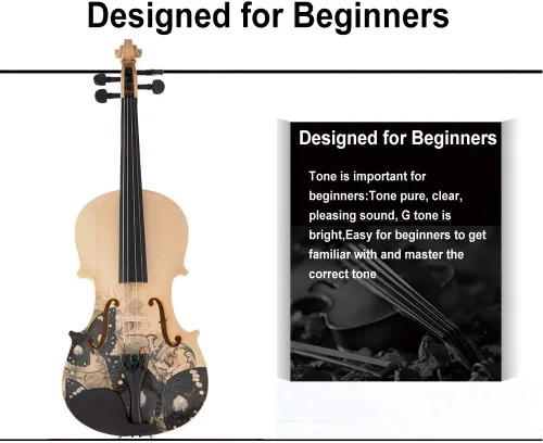 Vista 3 de Aliyes Juego de violín artístico distintivo diseñado para principiantes, estudiantes, adultos con estuche rígido, arco, cuerdas adicionales