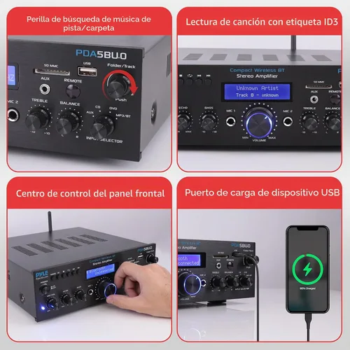 Vista 3 de Amplificador estéreo con Bluetooth de primera calidad, receptor amplificador compacto de 200 W con control remoto, antena FM y puerto USB / AUX