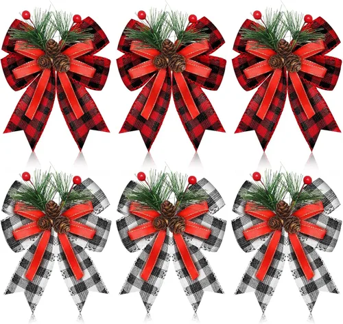 Vista 11 de Syhood - 6 lazos de Navidad a cuadros con piñas de pino, cintas de terciopelo negro, para corona de árbol de Navidad, decoración de fiestas