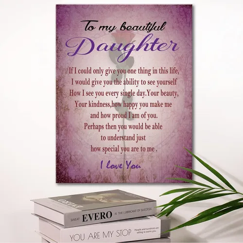 Vista 3 de Wailozco Lienzo colgante con texto en inglés "To My Beautiful Daughter", arte de pared enmarcado para decoración de pared de habitación de hija