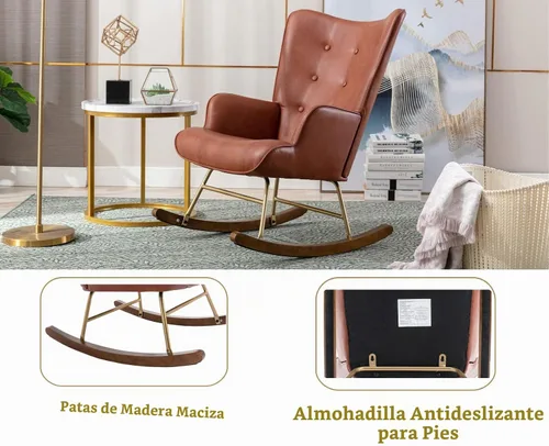 Vista 5 de EALSON Mecedora tapizada de piel, con respaldo copetudo, con base de madera, sillón moderno y cómodo para dormitorio, sala de estar, color marrón PU