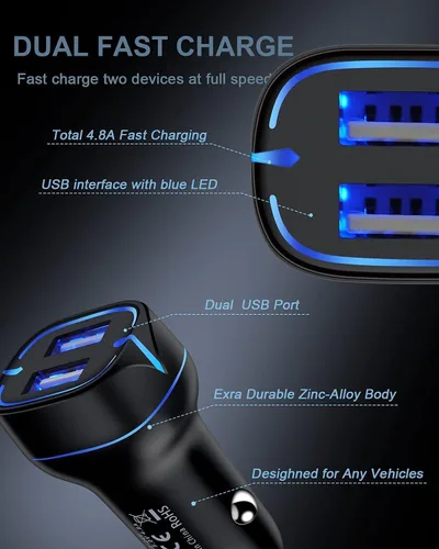 Vista 5 de Cargador de teléfono para automóvil, adaptador de encendedor de cigarrillos de doble puerto + 2 cables Lightning de 3 pies de carga rápida