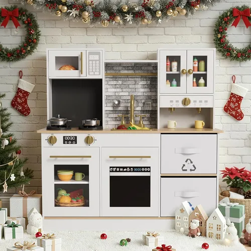 Vista 7 de MAMIZO Cocina de juego para niños, cocina de juguete de simulación de madera, juego de cocina Toodler, estufa con luz y sonido, fregadero