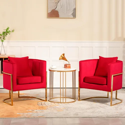 Vista 22 de Silla moderna de cuero, sillón tapizado de mediados de siglo con almohada para sala de estar, cómoda silla de tocador individual con patas doradas