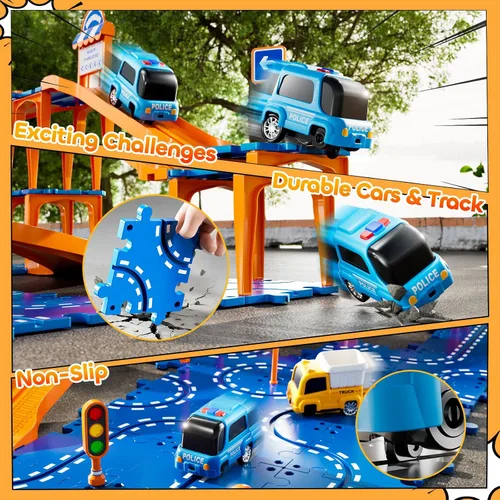 Vista 8 de Puzzle Racer - Juego de pistas de autos para niños, pistas de carreras de 4 niveles para niños de 3 a 5 años con 3 autos, piezas de tráfico