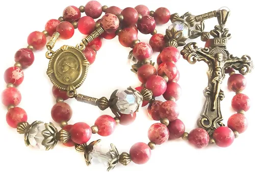 Vista 2 de Juego de rosario y pulsera de piedra y cristal Sagrado Corazón de Jesús en caja - Rosario Católico - Rosarios Catolicos - Regalos Católicos