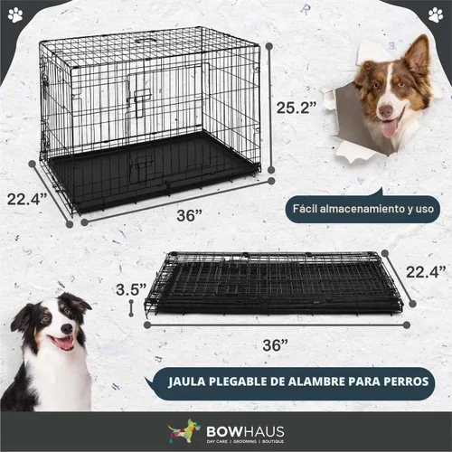 Vista 2 de BOWHAUS Jaula plegable de alambre para perros con panel divisor, bandeja a prueba de fugas y patas protectoras, puerta individual y doble, jaula