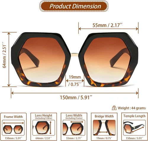 Vista 4 de Xpectrum Gafas de sol de moda extra grandes para mujer, estilo años 60, marco grueso hexagonal, gafas poligonales de gran