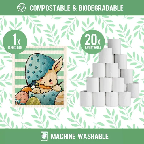 Vista 3 de Paños de cocina suecos de gnomo de conejo de Pascua, reutilizables, sostenibles, biodegradables, de esponja de celulosa, paños de limpieza