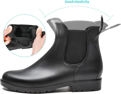 Vista 3 de DKSUKO Botas de lluvia cortas para mujer, botas de jardín impermeables de goma, botas elásticas sin cordones, botas Chelsea a la moda, zapatos
