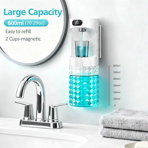 Vista 5 de Dispensador automático de enjuague bucal para baño, dispensador de enjuague bucal de 20.29 onzas, juego de accesorios de baño con tazas magnéticas