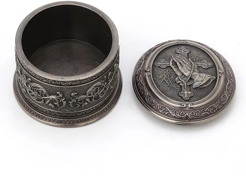 Vista 6 de Veronese Design 2 1/2 pulgadas de alto, mano orante, forma ovalada, caja de baratija, escultura de resina bronceada, escultura religiosa