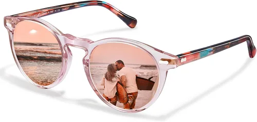 Vista 51 de CARFIA Gafas de sol polarizadas de acetato redondo para mujer, protección UV de cara pequeña con funda de cuero CA5288