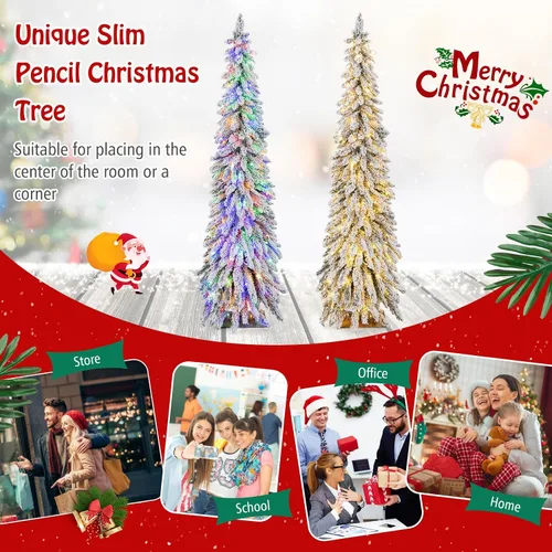 Vista 8 de GOFLAME Árbol de Navidad Artificial Preiluminado de 6 Pies, Árbol de Navidad Delgado con Cobertura de Nieve y Forma de Lápiz con Luces LED