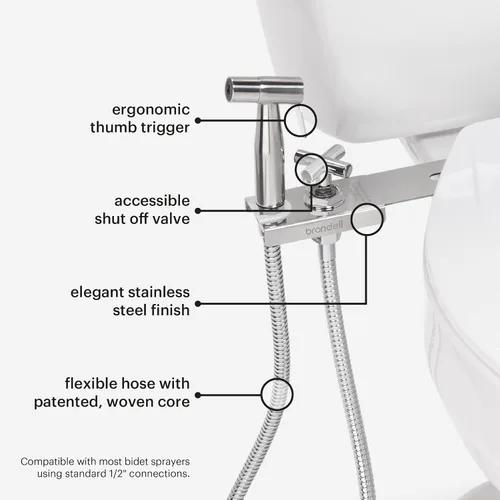 Vista 5 de Brondell MBH-40-S CleanSpa Accesorio de bidé de mano de lujo para inodoro con funda de acero inoxidable y válvula de cierre integrada, opciones