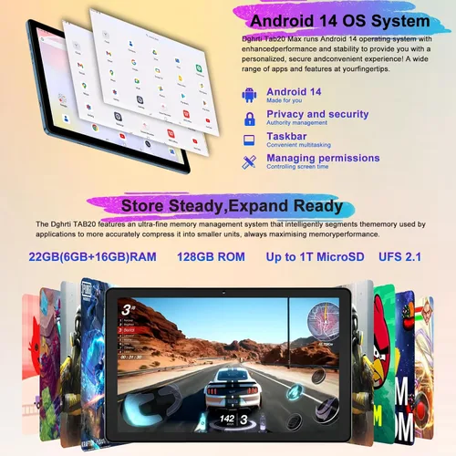Vista 3 de 2025 Tablet Android 14 de 10 pulgadas, 22 GB RAM + 128 GB ROM/1 TB de expansión, batería de 8000 mAh, Octa-Core, pantalla IPS HD de 1280 * 800
