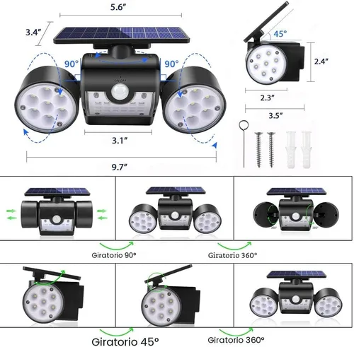 Vista 7 de Luces solares para exteriores, luces de seguridad con sensor de movimiento, luces solares de pared con focos de doble cabeza, LED, impermeables