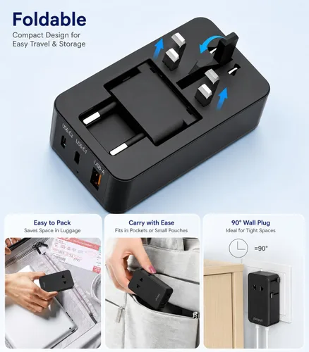 Vista 5 de Jasput Adaptador de viaje universal de 25 W, mini adaptador ultrafino con 2 USB-C y 1 USB-A, carga rápida para teléfonos inteligentes, tabletas
