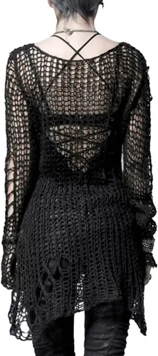 Vista 3 de Punk Rave Women's Goth Open Knit Pullover Sweater Long Sleeve Color Block Sweaters Loose Crochet Jumper Tops