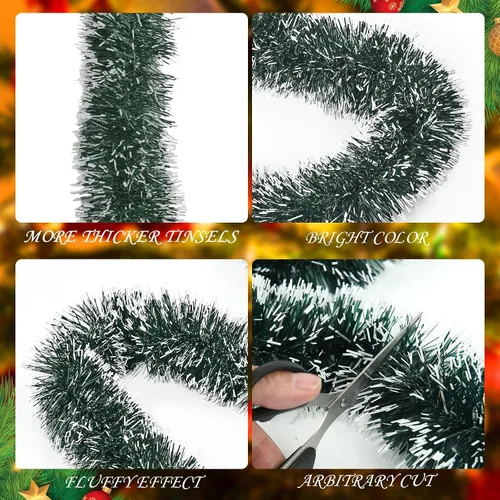 Vista 5 de Guirnalda de Navidad de 23 pies - Decoraciones de oropel metálico con torsión para interiores y exteriores, colgante de techo para Año Nuevo (verde)