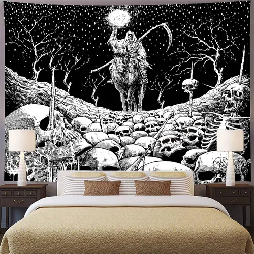Vista 2 de Aidatain Grim Reaper - Tapiz de calavera de muerte de esqueleto para colgar en la pared de los hombres, para dormitorio, fantasía, tela de franela