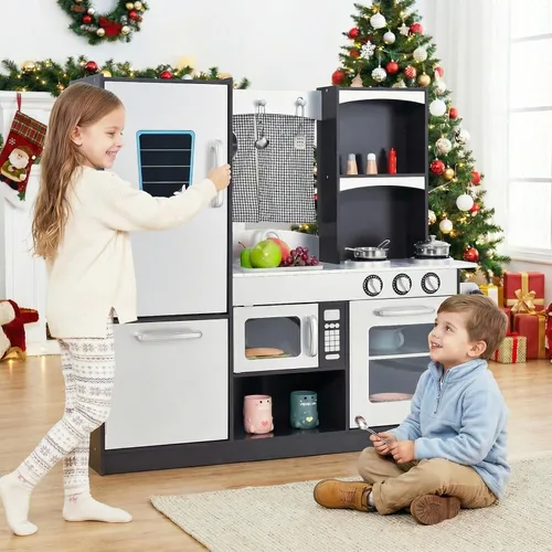 Vista 9 de Honey Joy - Juego de cocina para niños - Cocina de juguete de madera con microondas, estufa, fregadero, grifo, cortina, alacena y estante, regalo