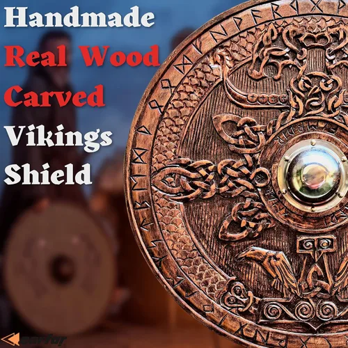 Vista 5 de Escudo de guerrero medieval de la era vikingos tamaño completo para adulto, 30.0 in, hecho a mano, madera natural, tallada, juego de batalla