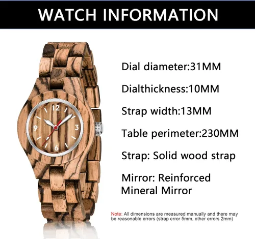 Vista 38 de Dentily Relojes de madera natural para mujer, reloj de cuarzo hecho a mano, reloj de pulsera único deportivo para mujer