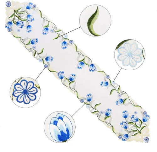 Vista 3 de Caminos de mesa pequeños bordados de tulipán, manteles florales de primavera para Pascua (azul, 13 x 35 pulgadas)