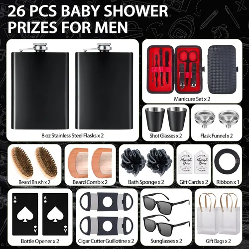 Vista 4 de Juego de 74 premios para baby shower para hombres, 6 juegos con frasco de cadera de acero inoxidable con embudo y abridor de botellas, kit