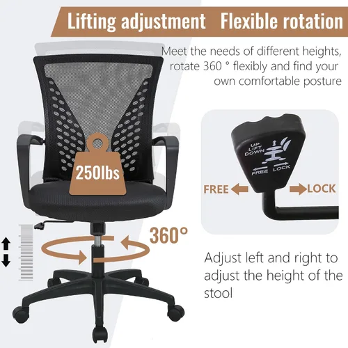 Vista 5 de Silla de oficina FDW para el hogar, con respaldo de altura media, para computadora, con soporte lumbar giratorio, ajustable, para trabajo, Negro