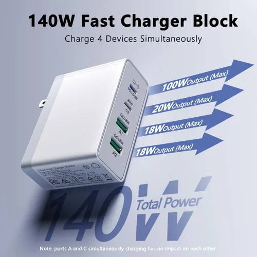 Vista 3 de sccvee Cargador USB C de 140 W GaN, adaptador de corriente para portátil de 100 W, bloque de carga rápido, estación de carga de 4 puertos USB C