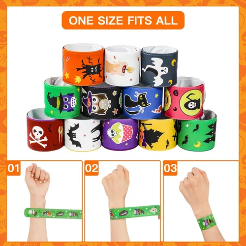 Vista 6 de MGparty 72 pulseras de Halloween Slap 24 diseños temáticos de Halloween, araña, calabaza, fantasma, zombi, murciélago, brujas, pulseras a presión