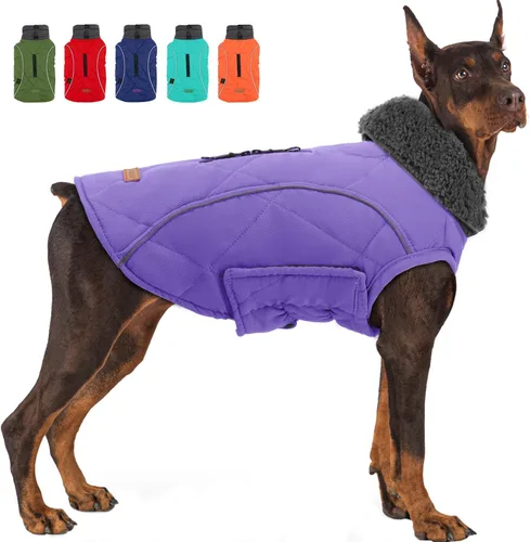 Vista 12 de EMUST Abrigos de invierno para perro, ropa de forro polar para mascotas para clima frío, estilo británico, chaqueta cálida a prueba de viento