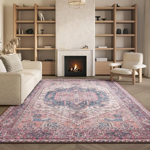 Vista 12 de SAFAVIEH Tucson Collection - Alfombra lavable de 2 pies 6 x 8 pies, color beige y rosa, antideslizante, ideal para zonas de alto tráfico en sala
