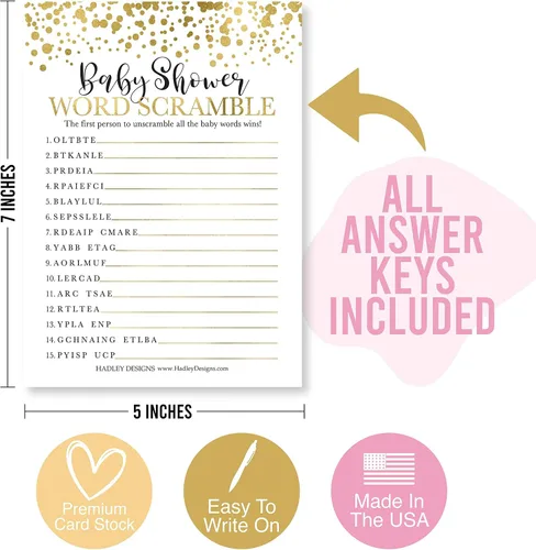 Vista 5 de Hadley Designs Juegos de baby shower para 25 invitados – Juego de baby shower de puntos dorados para baby shower, verdadero o falso, juego de baby